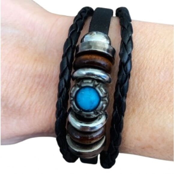 Men’s Black Ibiza Vegan Leather Multi-Strand Cuff Bracelet with Faux Turquoise - Picture 3 of 11